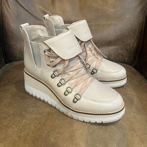 Cole Haan Women's Lace Up Cream Boots Zerogrand wedge hiker ankle